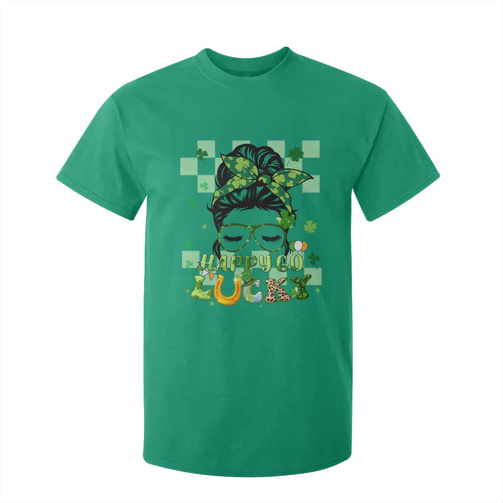 Funny St. Patricks Day Women T Shirt For Kid Happy Go Lucky Messy Bun with Shamrocks TS02 Irish Green Printyourwear