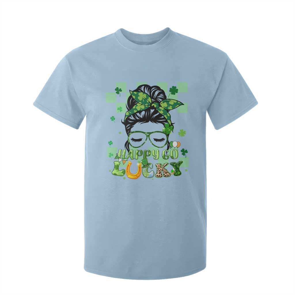 Funny St. Patricks Day Women T Shirt For Kid Happy Go Lucky Messy Bun with Shamrocks TS02 Light Blue Printyourwear