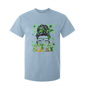 Funny St. Patricks Day Women T Shirt For Kid Happy Go Lucky Messy Bun with Shamrocks TS02 Light Blue Printyourwear