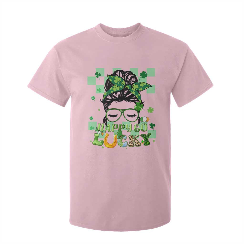 Funny St. Patricks Day Women T Shirt For Kid Happy Go Lucky Messy Bun with Shamrocks TS02 Light Pink Printyourwear