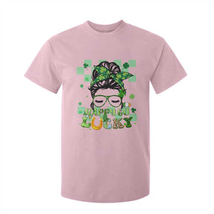 Funny St. Patricks Day Women T Shirt For Kid Happy Go Lucky Messy Bun with Shamrocks TS02 Light Pink Printyourwear