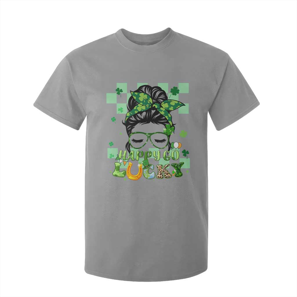 Funny St. Patricks Day Women T Shirt For Kid Happy Go Lucky Messy Bun with Shamrocks TS02 Sport Gray Printyourwear