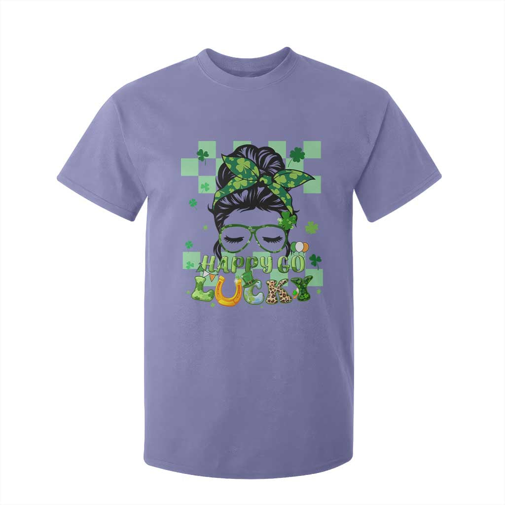 Funny St. Patricks Day Women T Shirt For Kid Happy Go Lucky Messy Bun with Shamrocks TS02 Violet Printyourwear