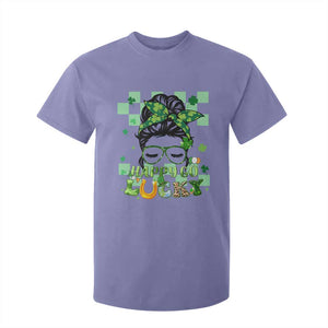 Funny St. Patricks Day Women T Shirt For Kid Happy Go Lucky Messy Bun with Shamrocks TS02 Violet Printyourwear