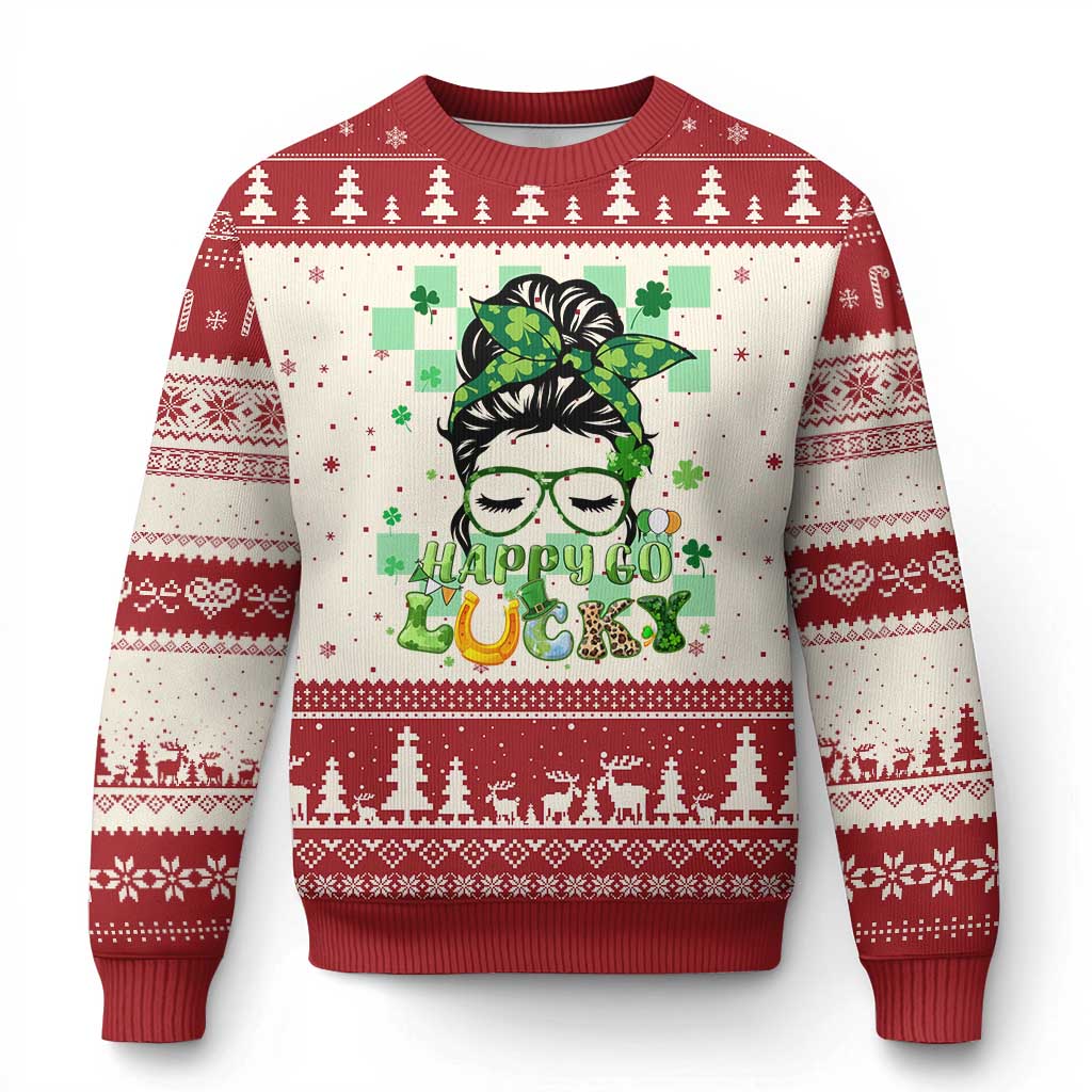 Funny St Patricks Day Women Ugly Christmas Sweater Happy Go Lucky Messy Bun with Shamrocks TS02 Beige Red Print Your Wear