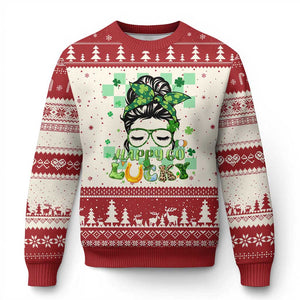 Funny St Patricks Day Women Ugly Christmas Sweater Happy Go Lucky Messy Bun with Shamrocks TS02 Beige Red Print Your Wear