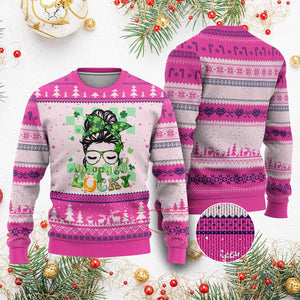 Funny St Patricks Day Women Ugly Christmas Sweater Happy Go Lucky Messy Bun with Shamrocks TS02 Hot Pink Print Your Wear