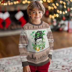 Funny St Patricks Day Women Ugly Christmas Sweater Happy Go Lucky Messy Bun with Shamrocks TS02 Mocha Mousse Print Your Wear