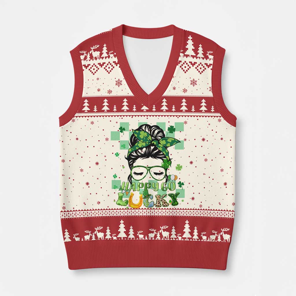 Funny St Patricks Day Women V-Neck Knit Sweater Vest Happy Go Lucky Messy Bun with Shamrocks TS02 Beige Red Print Your Wear