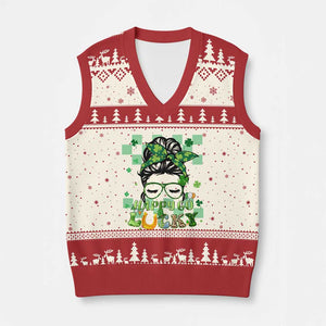 Funny St Patricks Day Women V-Neck Knit Sweater Vest Happy Go Lucky Messy Bun with Shamrocks TS02 Beige Red Print Your Wear