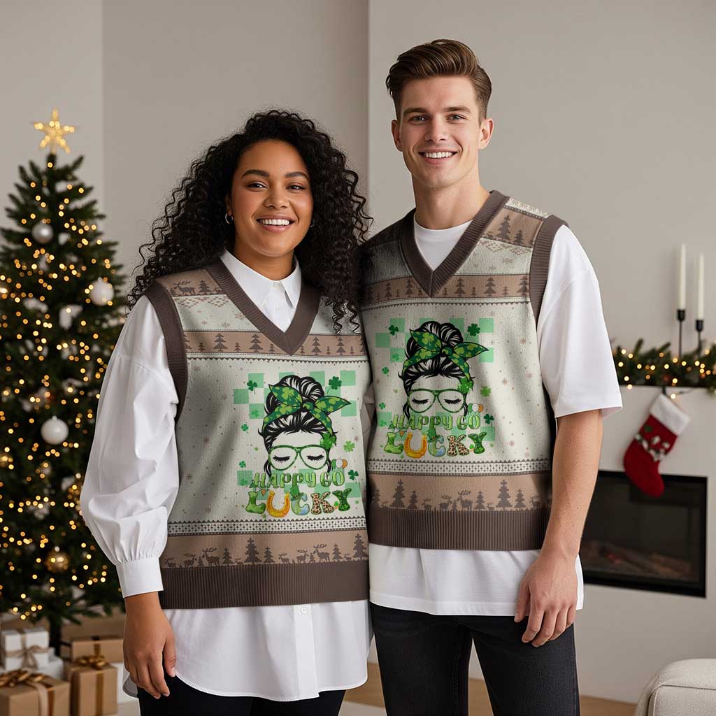 Funny St Patricks Day Women V-Neck Knit Sweater Vest Happy Go Lucky Messy Bun with Shamrocks TS02 Mocha Mousse Print Your Wear