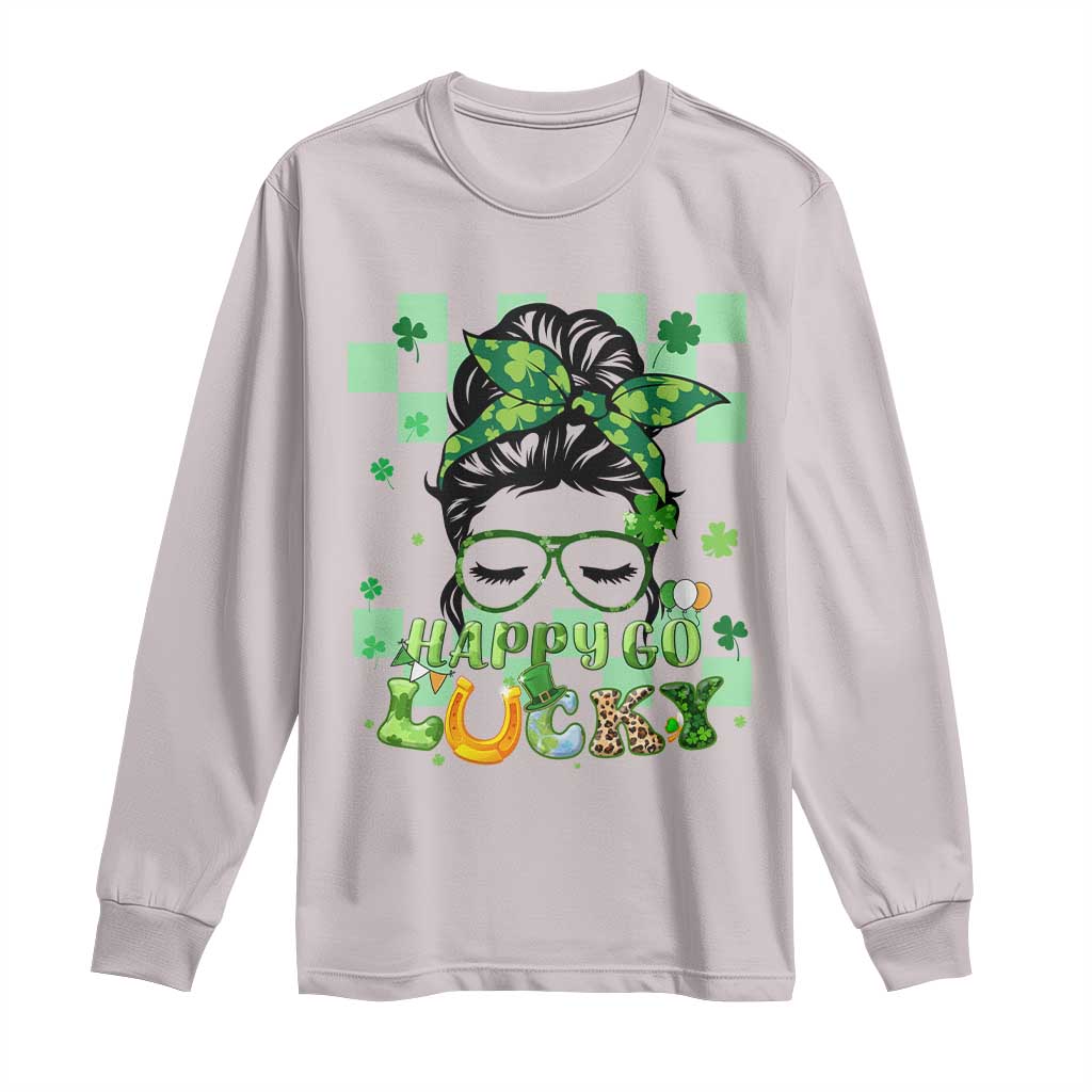 Funny St Patricks Day Women Long Sleeve Shirt Happy Go Lucky Messy Bun with Shamrocks TS02 Ice Gray Print Your Wear