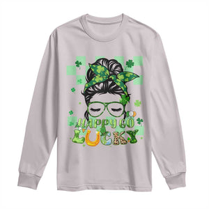 Funny St Patricks Day Women Long Sleeve Shirt Happy Go Lucky Messy Bun with Shamrocks TS02 Ice Gray Print Your Wear