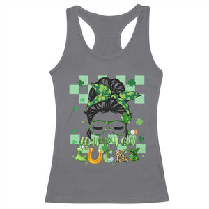 Funny St Patricks Day Women Racerback Tank Top Happy Go Lucky Messy Bun with Shamrocks TS02 Charcoal Print Your Wear