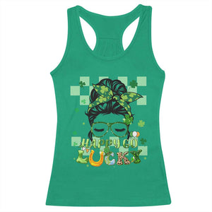 Funny St Patricks Day Women Racerback Tank Top Happy Go Lucky Messy Bun with Shamrocks TS02 Irish Green Print Your Wear