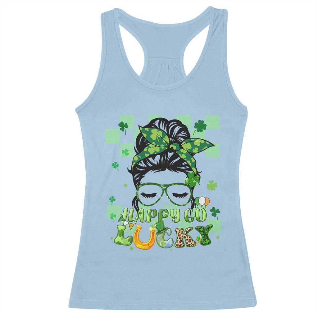 Funny St Patricks Day Women Racerback Tank Top Happy Go Lucky Messy Bun with Shamrocks TS02 Light Blue Print Your Wear