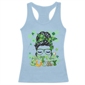 Funny St Patricks Day Women Racerback Tank Top Happy Go Lucky Messy Bun with Shamrocks TS02 Light Blue Print Your Wear
