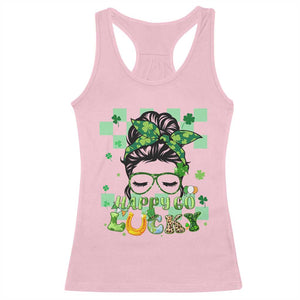 Funny St Patricks Day Women Racerback Tank Top Happy Go Lucky Messy Bun with Shamrocks TS02 Light Pink Print Your Wear