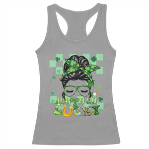 Funny St Patricks Day Women Racerback Tank Top Happy Go Lucky Messy Bun with Shamrocks TS02 Sport Gray Print Your Wear