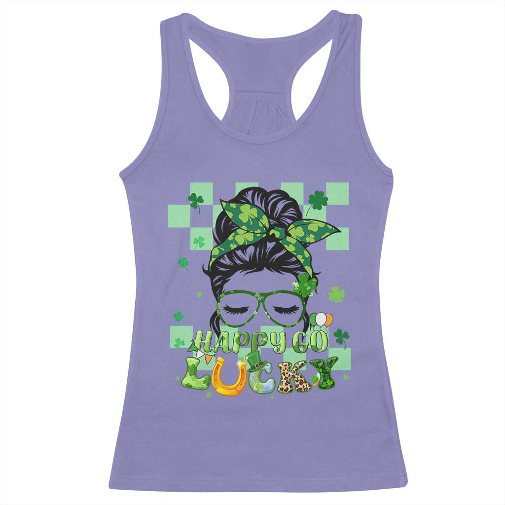 Funny St Patricks Day Women Racerback Tank Top Happy Go Lucky Messy Bun with Shamrocks TS02 Violet Print Your Wear