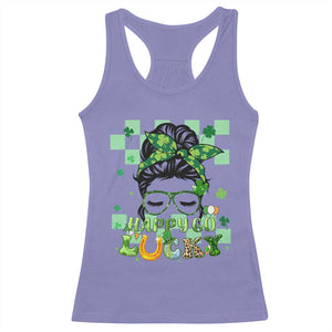 Funny St Patricks Day Women Racerback Tank Top Happy Go Lucky Messy Bun with Shamrocks TS02 Violet Print Your Wear