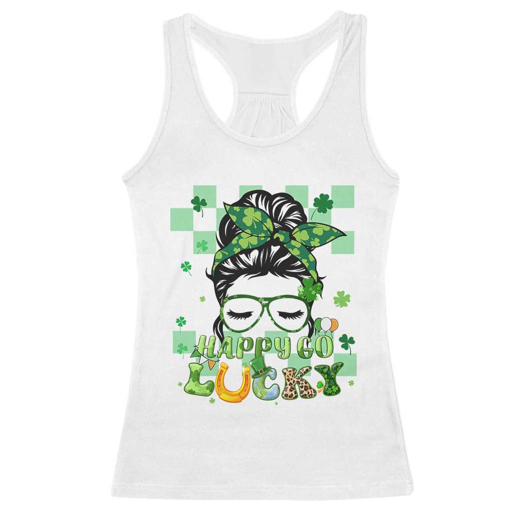 Funny St Patricks Day Women Racerback Tank Top Happy Go Lucky Messy Bun with Shamrocks TS02 White Print Your Wear