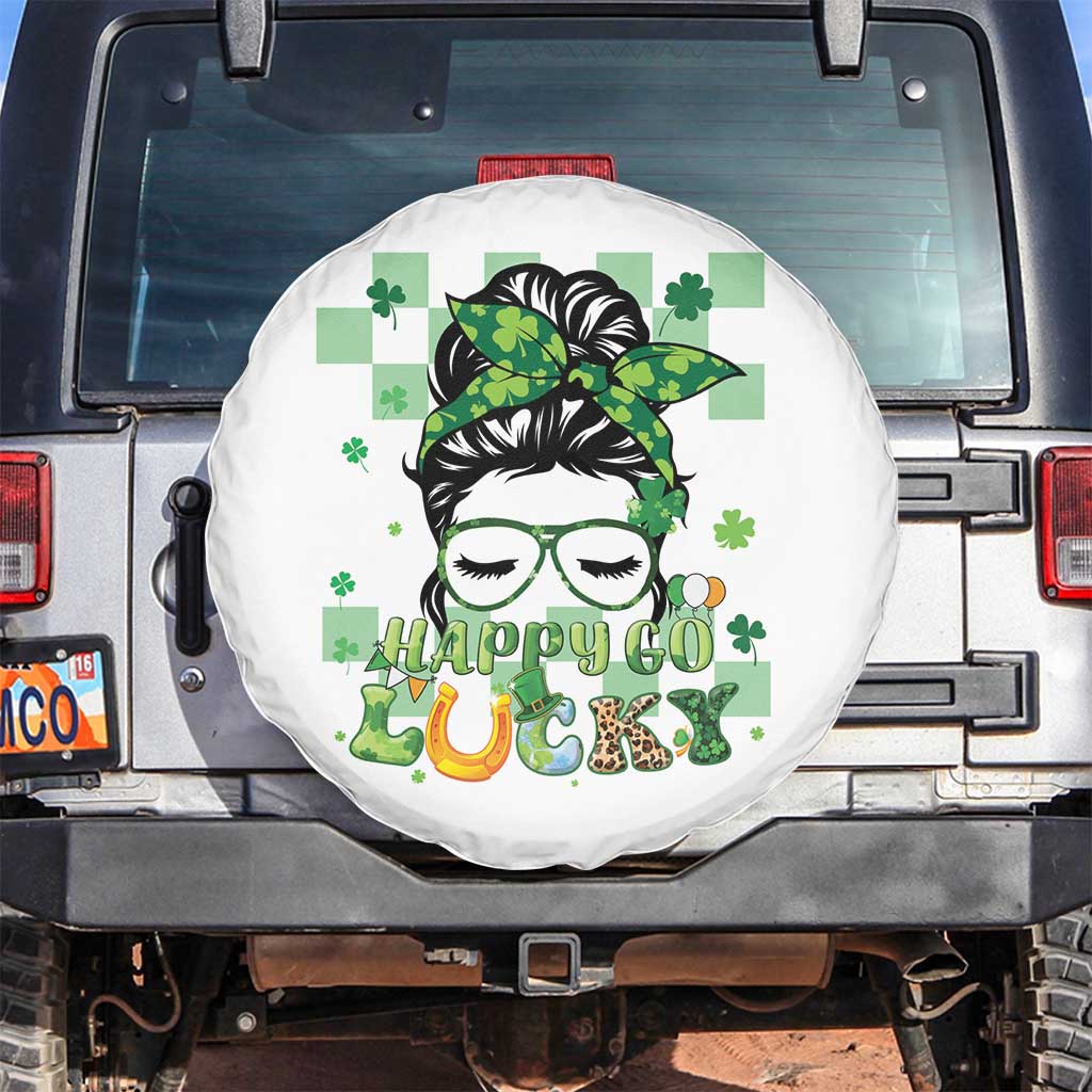 Funny St Patricks Day Women Spare Tire Cover Happy Go Lucky Messy Bun with Shamrocks TS02 No hole White Print Your Wear