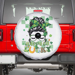 Funny St Patricks Day Women Spare Tire Cover Happy Go Lucky Messy Bun with Shamrocks TS02 White Print Your Wear