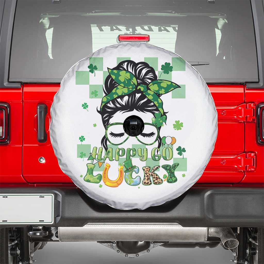 Funny St Patricks Day Women Spare Tire Cover Happy Go Lucky Messy Bun with Shamrocks TS02 White Print Your Wear