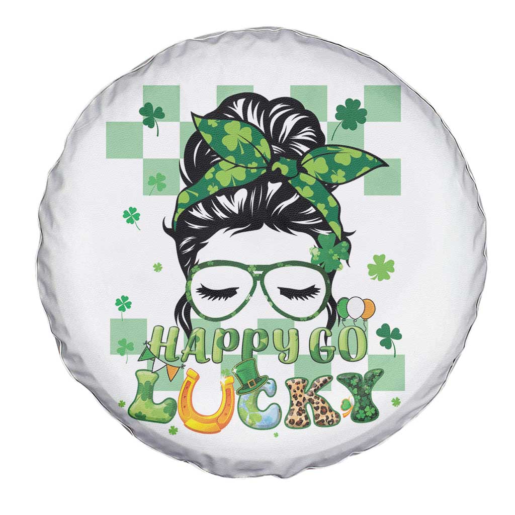 Funny St Patricks Day Women Spare Tire Cover Happy Go Lucky Messy Bun with Shamrocks TS02 Print Your Wear