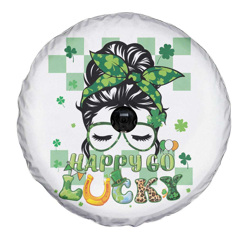 Funny St Patricks Day Women Spare Tire Cover Happy Go Lucky Messy Bun with Shamrocks TS02 Print Your Wear