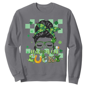 Funny St. Patricks Day Women Sweatshirt Happy Go Lucky Messy Bun with Shamrocks TS02 Charcoal Printyourwear