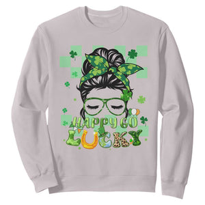 Funny St. Patricks Day Women Sweatshirt Happy Go Lucky Messy Bun with Shamrocks TS02 Ice Gray Printyourwear