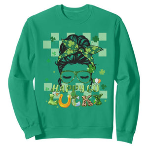 Funny St. Patricks Day Women Sweatshirt Happy Go Lucky Messy Bun with Shamrocks TS02 Irish Green Printyourwear