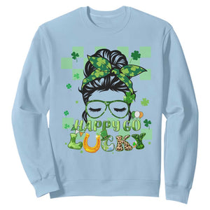Funny St. Patricks Day Women Sweatshirt Happy Go Lucky Messy Bun with Shamrocks TS02 Light Blue Printyourwear