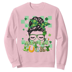 Funny St. Patricks Day Women Sweatshirt Happy Go Lucky Messy Bun with Shamrocks TS02 Light Pink Printyourwear
