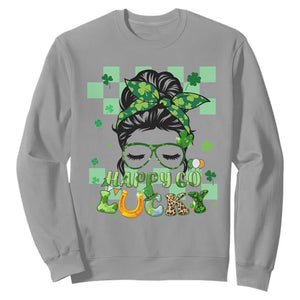 Funny St. Patricks Day Women Sweatshirt Happy Go Lucky Messy Bun with Shamrocks TS02 Sport Gray Printyourwear