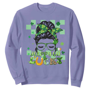 Funny St. Patricks Day Women Sweatshirt Happy Go Lucky Messy Bun with Shamrocks TS02 Violet Printyourwear