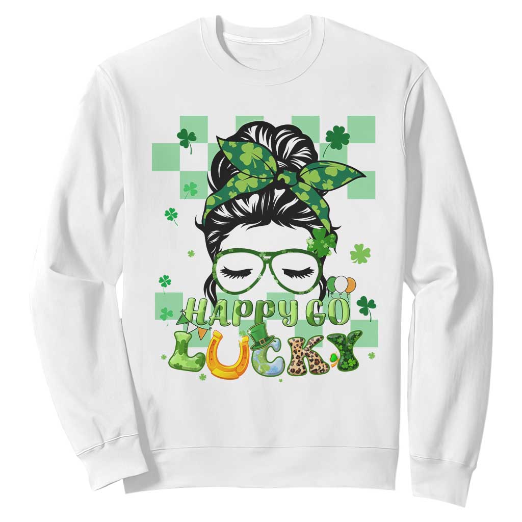 Funny St. Patricks Day Women Sweatshirt Happy Go Lucky Messy Bun with Shamrocks TS02 White Printyourwear
