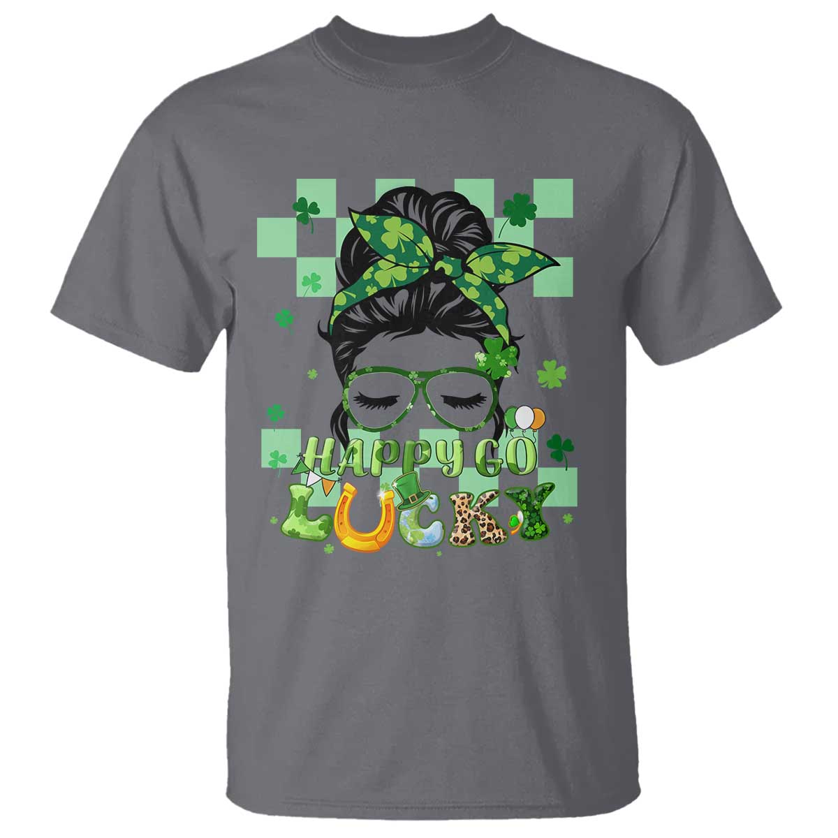 Funny St. Patricks Day Women T Shirt Happy Go Lucky Messy Bun with Shamrocks TS02 Charcoal Printyourwear