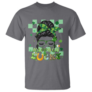 Funny St. Patricks Day Women T Shirt Happy Go Lucky Messy Bun with Shamrocks TS02 Charcoal Printyourwear