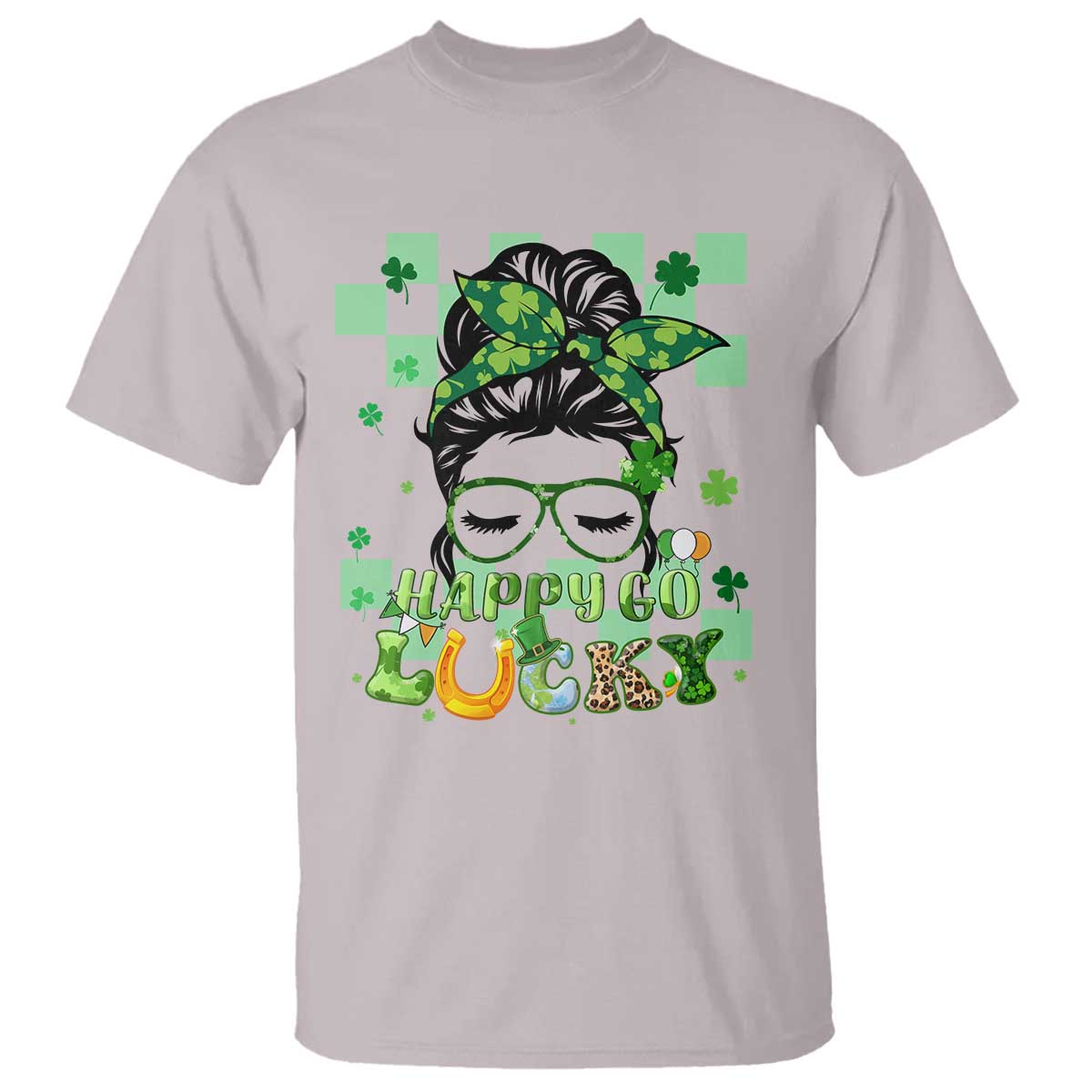 Funny St. Patricks Day Women T Shirt Happy Go Lucky Messy Bun with Shamrocks TS02 Ice Gray Printyourwear