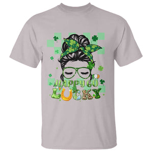 Funny St. Patricks Day Women T Shirt Happy Go Lucky Messy Bun with Shamrocks TS02 Ice Gray Printyourwear