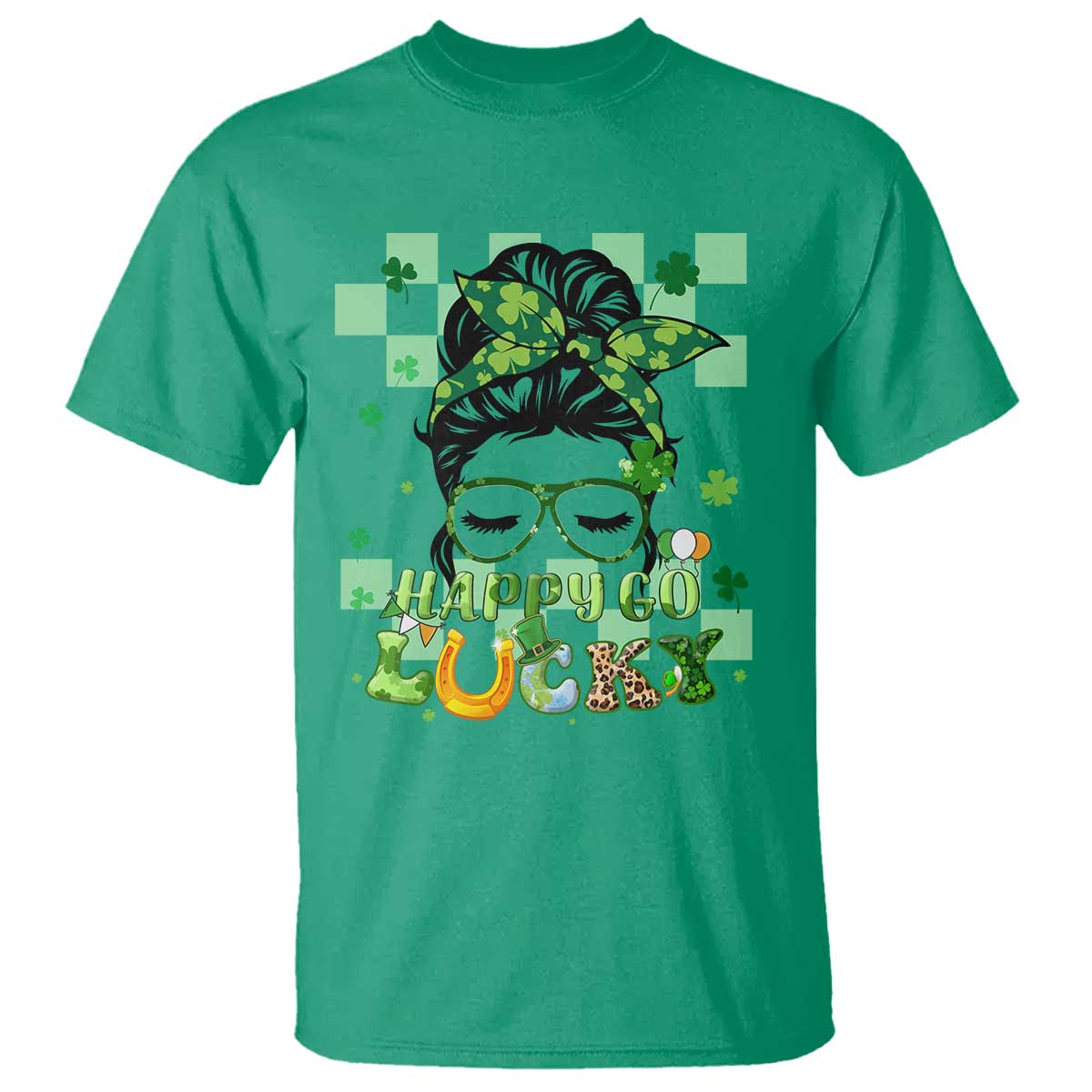 Funny St. Patricks Day Women T Shirt Happy Go Lucky Messy Bun with Shamrocks TS02 Irish Green Printyourwear