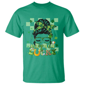 Funny St. Patricks Day Women T Shirt Happy Go Lucky Messy Bun with Shamrocks TS02 Irish Green Printyourwear