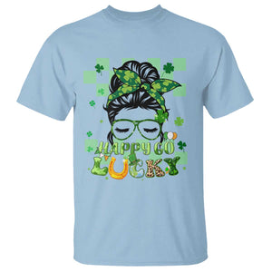 Funny St. Patricks Day Women T Shirt Happy Go Lucky Messy Bun with Shamrocks TS02 Light Blue Printyourwear