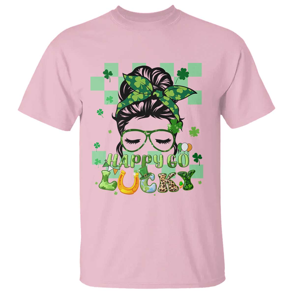 Funny St. Patricks Day Women T Shirt Happy Go Lucky Messy Bun with Shamrocks TS02 Light Pink Printyourwear