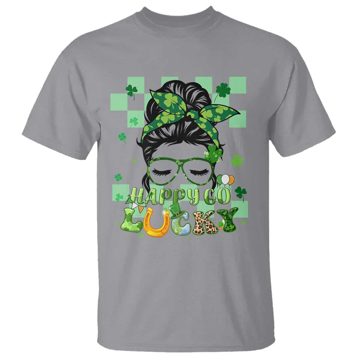 Funny St. Patricks Day Women T Shirt Happy Go Lucky Messy Bun with Shamrocks TS02 Sport Gray Printyourwear