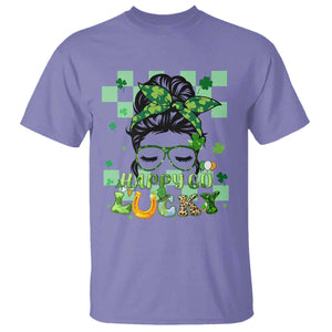 Funny St. Patricks Day Women T Shirt Happy Go Lucky Messy Bun with Shamrocks TS02 Violet Printyourwear