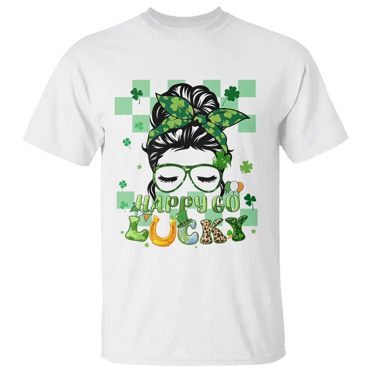 Funny St. Patricks Day Women T Shirt Happy Go Lucky Messy Bun with Shamrocks TS02 White Printyourwear